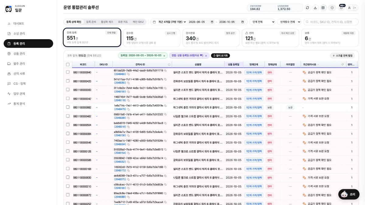일꾼 등록 관리 화면. 반려 건수 카드 아래 반려된 상품 목록과 최근 반려 사유가 보이고, 새 반려 사유를 정리했다는 자막이 뜬다.
