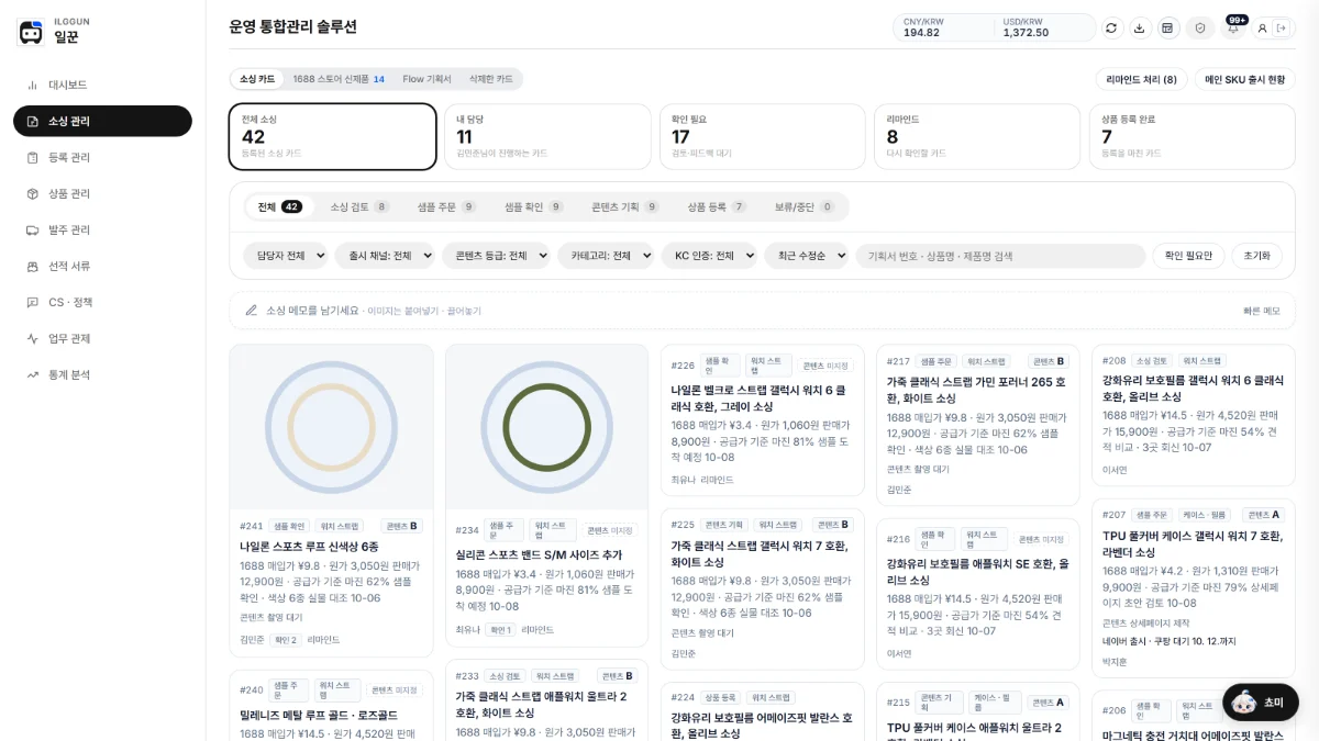 일꾼 소싱 관리 화면. 소싱 후보 카드마다 1688 매입가, 원가, 판매가와 공급가 기준 마진이 보이고, 예상 마진을 계산했다는 자막이 뜬다.